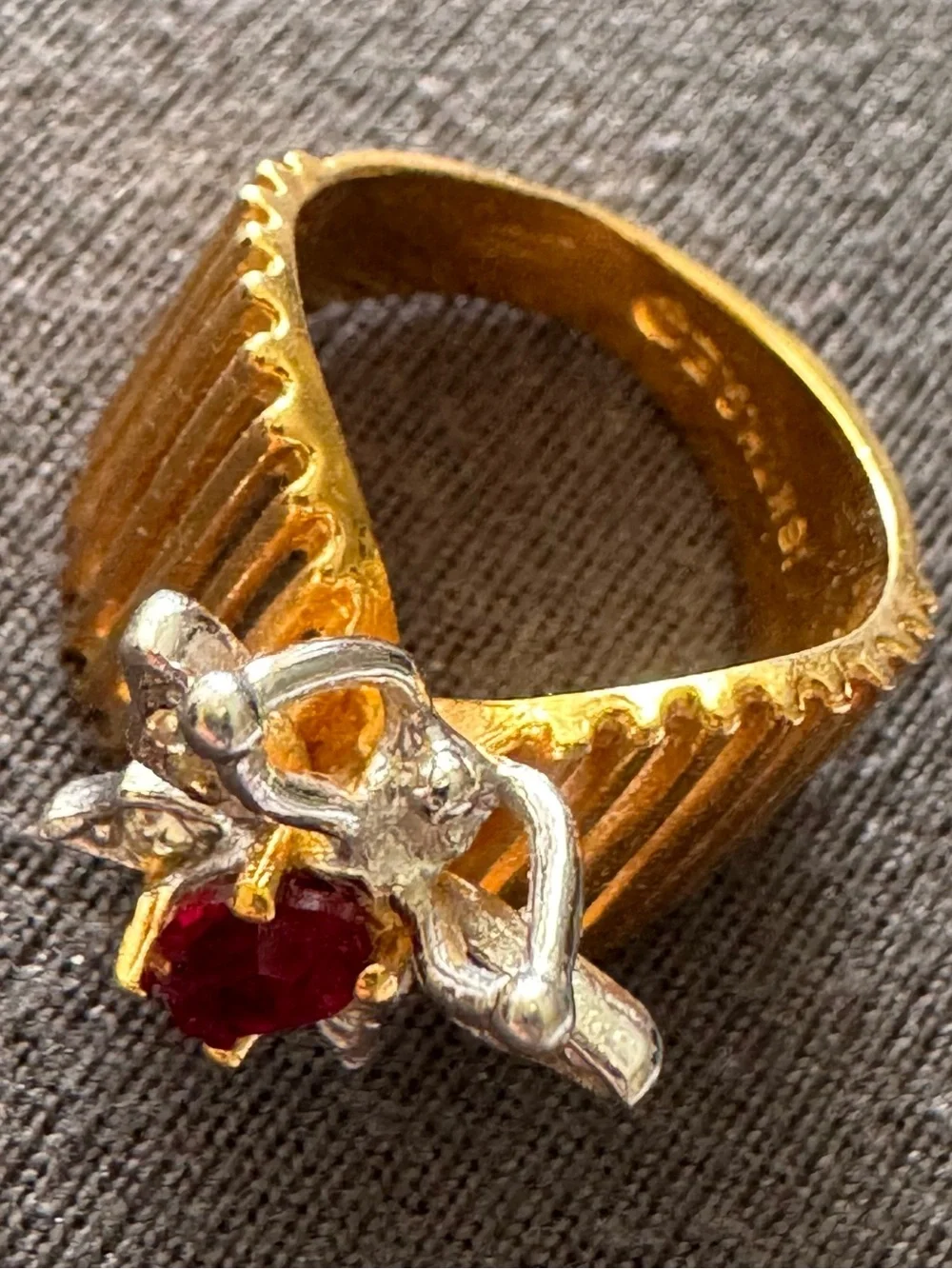 Vintage Gold Butterfly Ring with Red Center Stone 18K GP